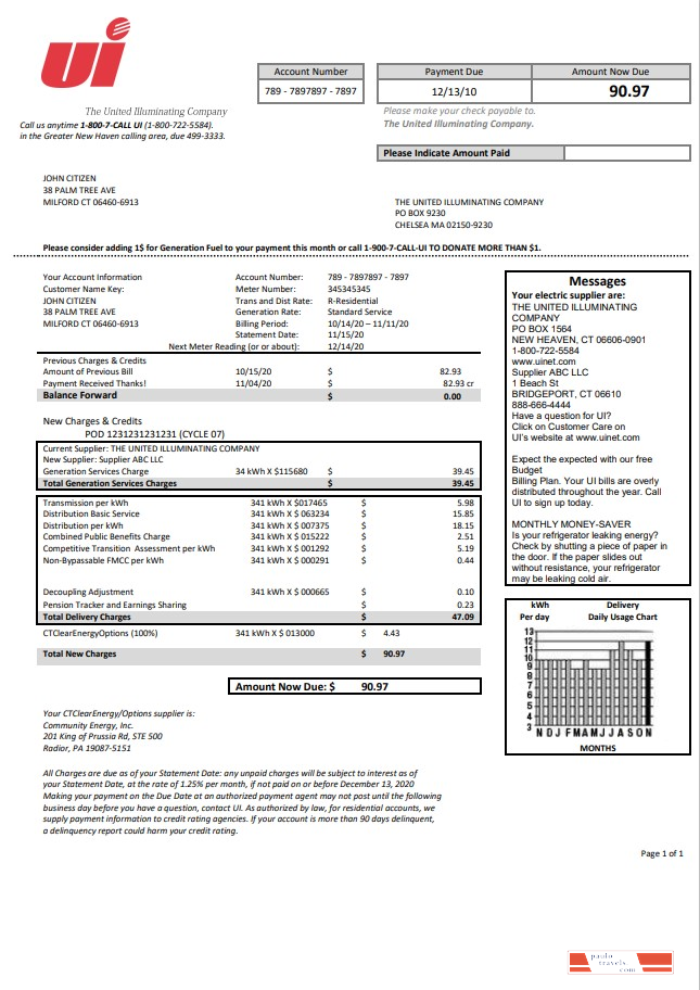 USA Connecticut The United Illuminating Company electricity utility bill template in Word and PDF format